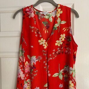 Red Flowy Rose+Olive Sleeveless Blouse L